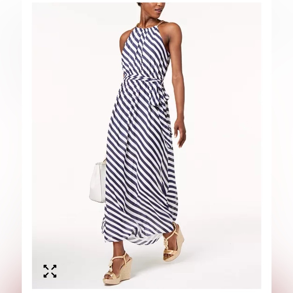Michael Michael Kors Chain Neck Maxi Dress Medium Stripes Navy Blue White Medium